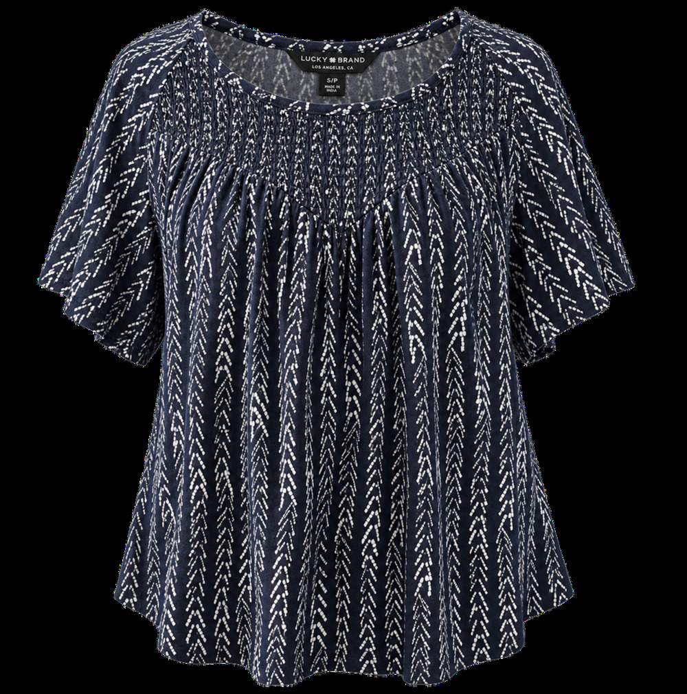 Lucky Brand Navy Blue White Boho Smocked Peasant Blouse Short Sleeve S/P Flowy